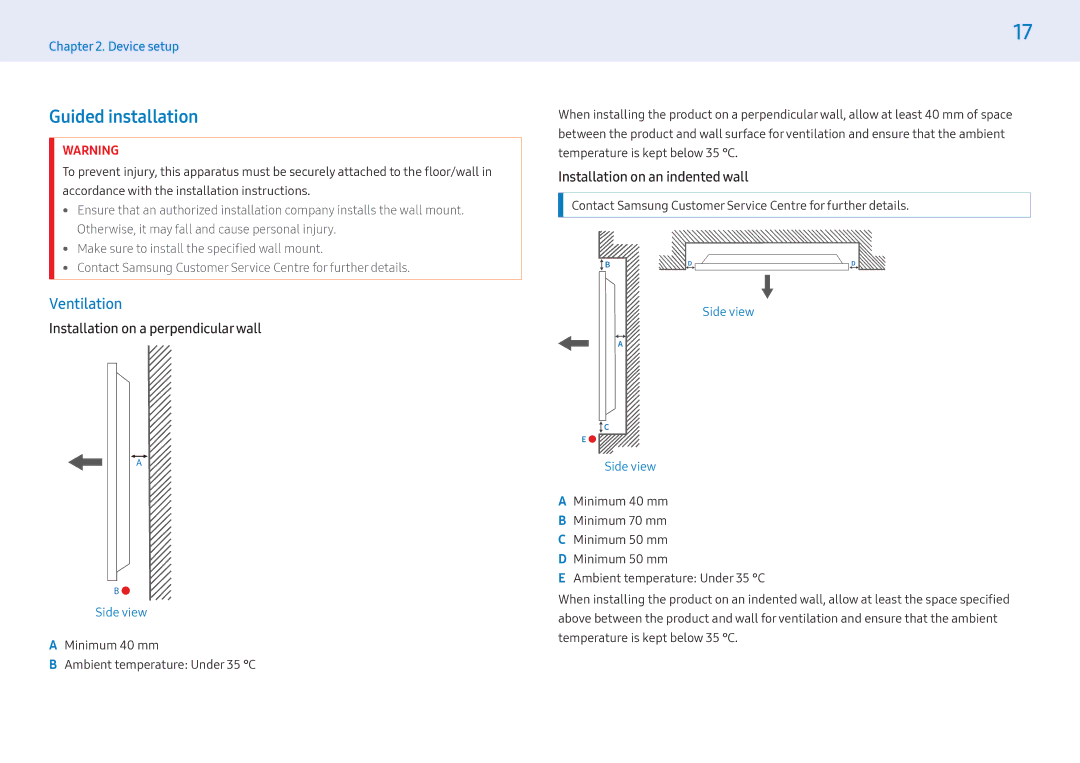 Samsung LH32PMFPBGC/CH, LH43PMFPBGC/EN manual Guided installation, Ventilation, Installation on a perpendicularwall 