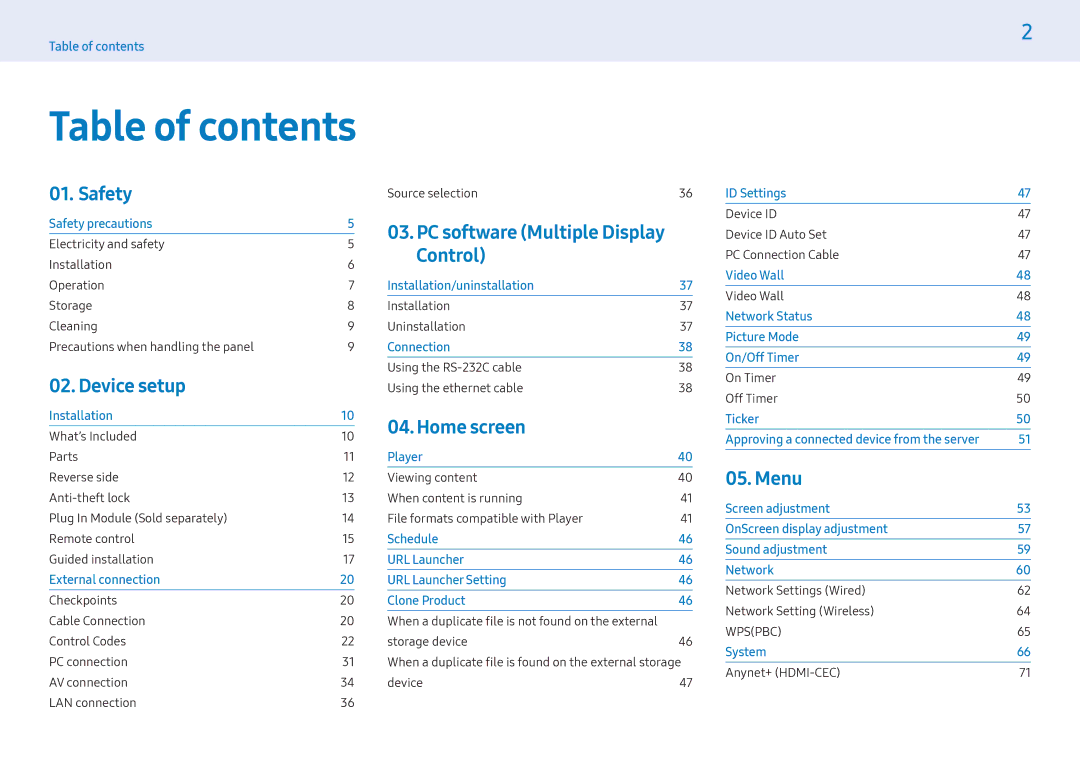 Samsung LH32PMFPBGC/NG, LH43PMFPBGC/EN, LH32PMFPBGC/EN, LH49PHFPBGC/UE, LH49PHFPBGC/NG, LH49PHFPMGC/NG manual Table of contents 