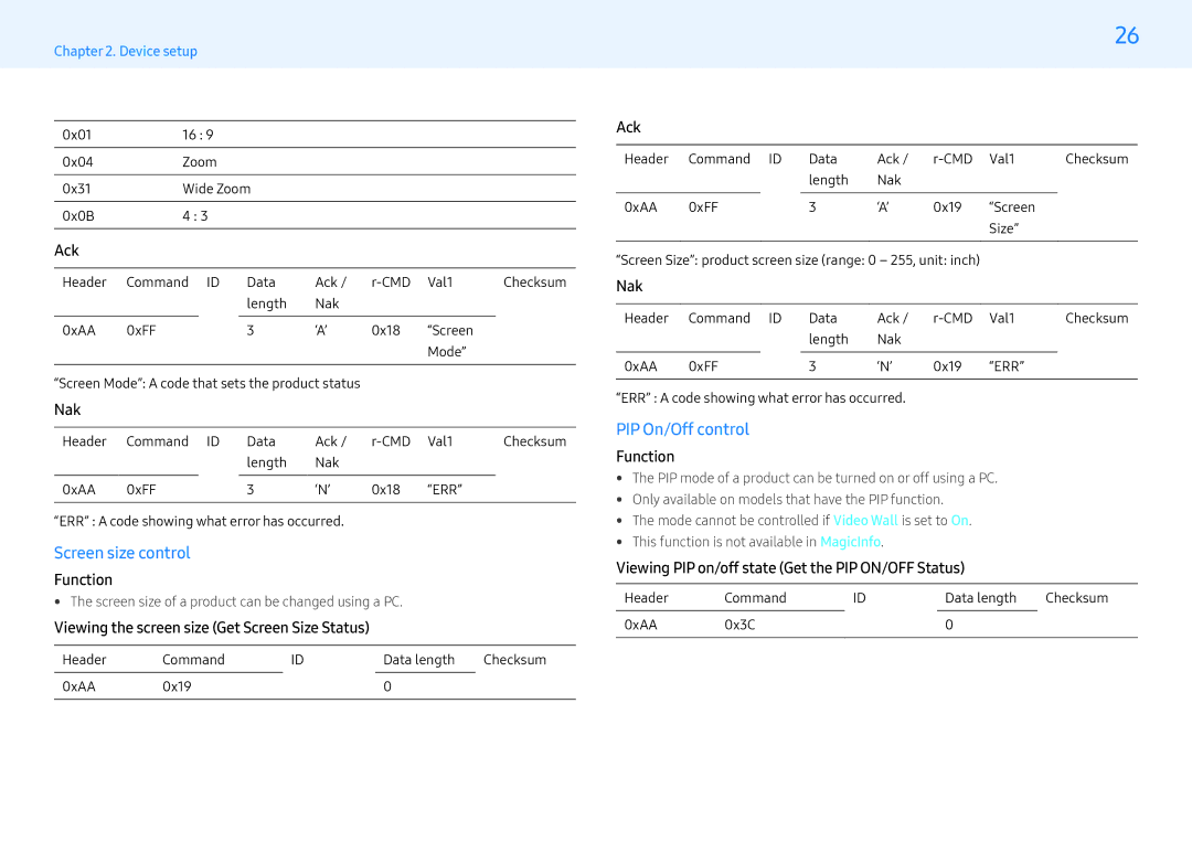 Samsung LH49PHFPMGC/NG manual Screen size control, PIP On/Off control, Viewing the screen size Get Screen Size Status 