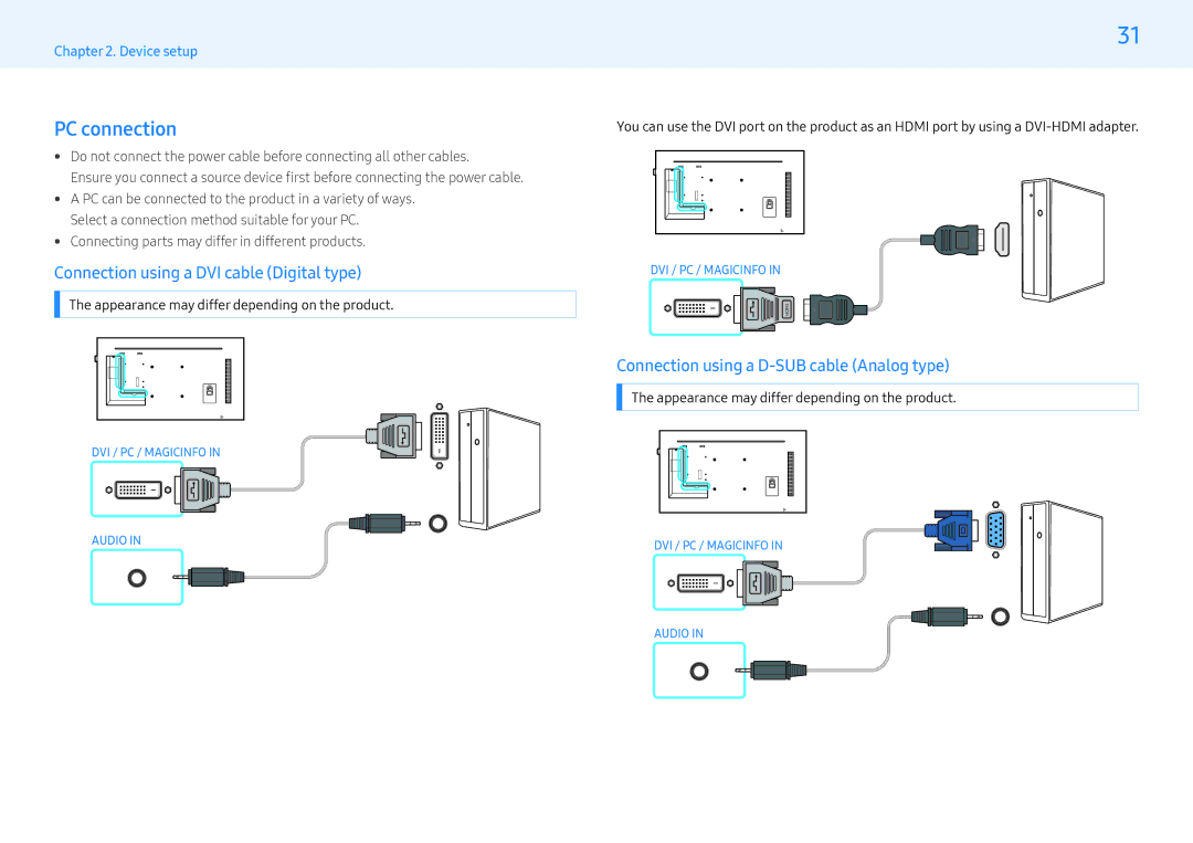 Samsung LH49PMFPBGC/XV, LH43PMFPBGC/EN, LH32PMFPBGC/EN manual PC connection, Connection using a DVI cable Digital type 