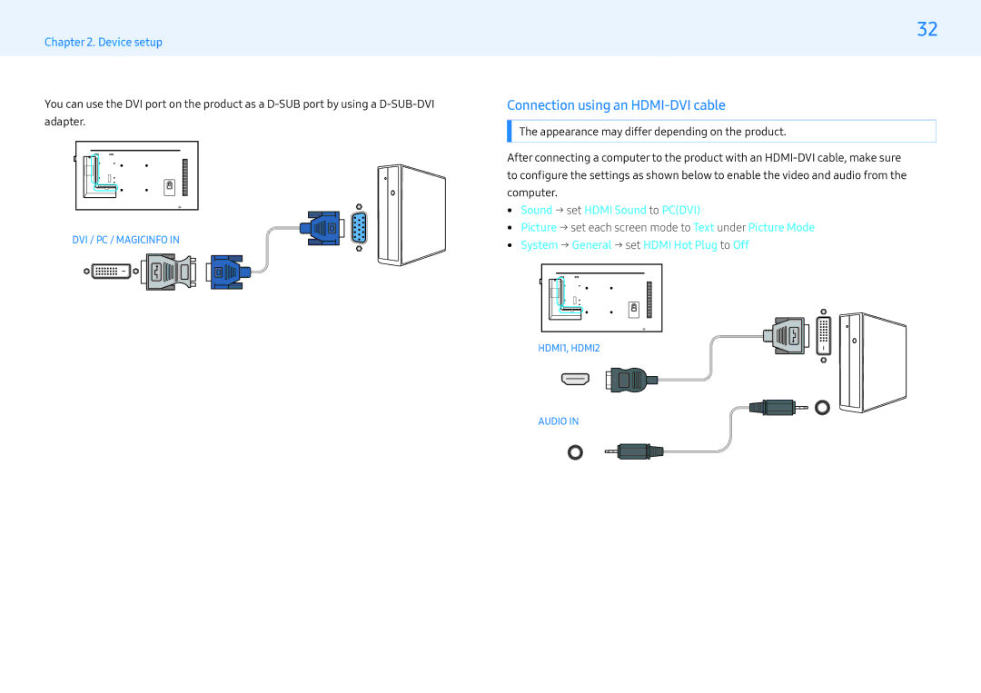 Samsung LH32PMFPBGC/XV, LH43PMFPBGC/EN, LH32PMFPBGC/EN Connection using an HDMI-DVI cable,  Sound → set Hdmi Sound to Pcdvi 