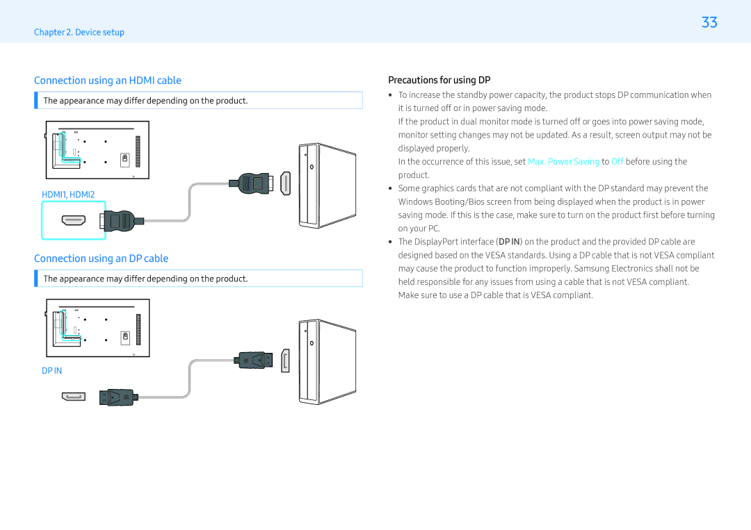 Samsung LH49PHFPBGC/XV manual Connection using an Hdmi cable, Connection using an DP cable, Precautions for using DP 