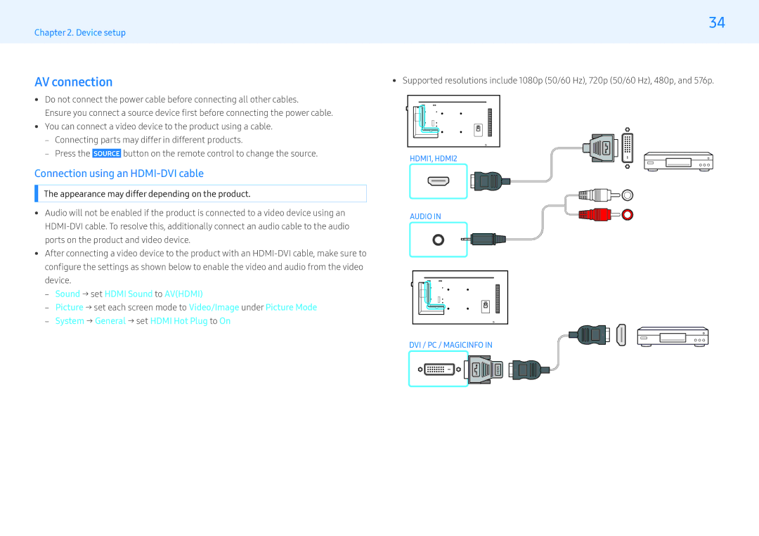 Samsung LH43PMFPBGC/XV, LH43PMFPBGC/EN, LH32PMFPBGC/EN, LH32PMFPBGC/NG AV connection, ‒‒ Sound → set Hdmi Sound to Avhdmi 