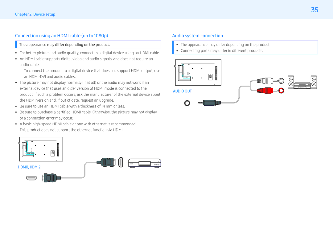 Samsung LH43PHFPBGC/CH, LH43PMFPBGC/EN, LH32PMFPBGC/EN Connection using an Hdmi cable up to 1080p, Audio system connection 