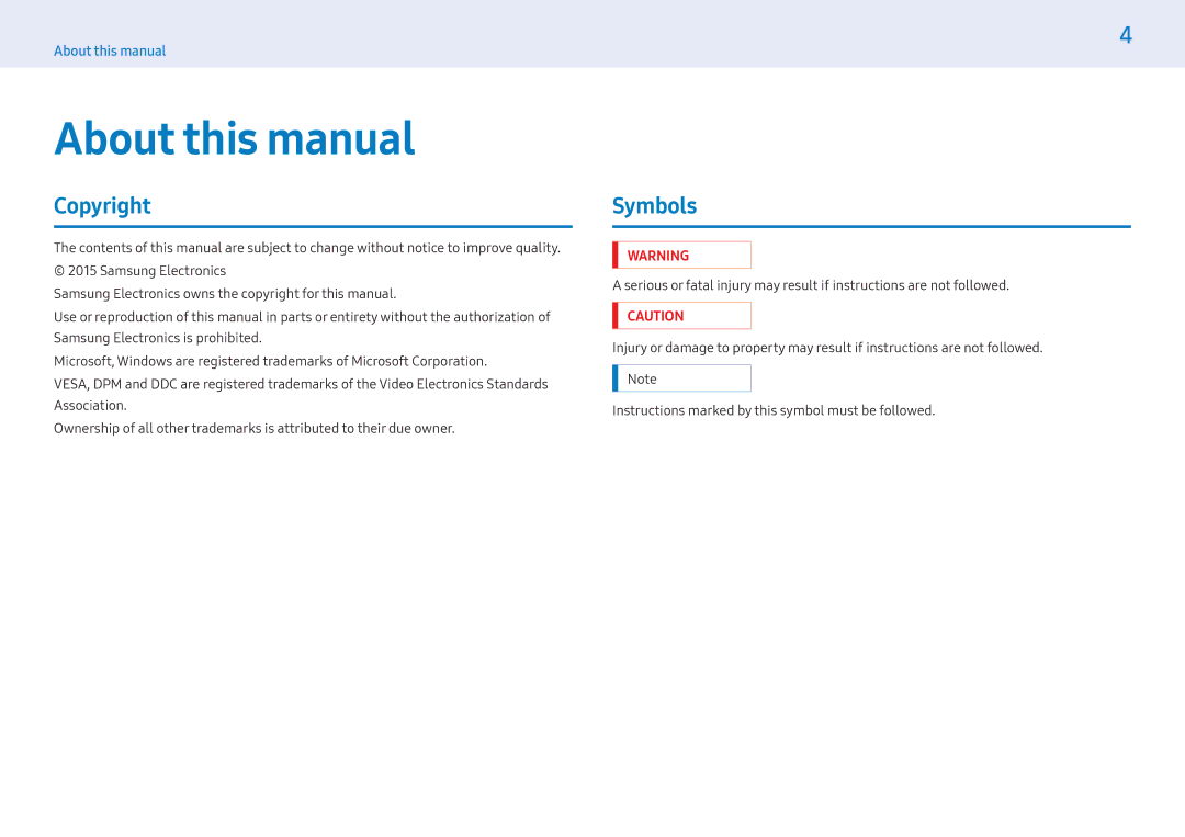 Samsung LH49PHFPBGC/NG, LH43PMFPBGC/EN, LH32PMFPBGC/EN, LH32PMFPBGC/NG, LH49PHFPBGC/UE About this manual, Copyright, Symbols 