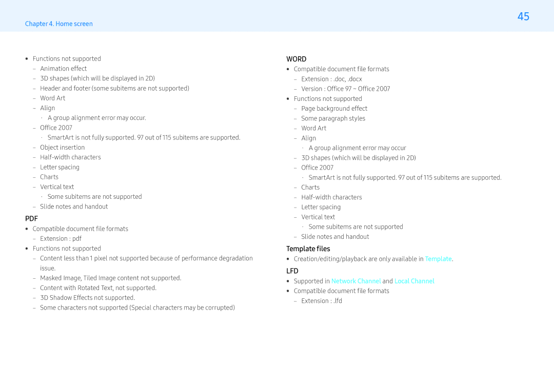 Samsung LH49PHFPBGC/UE, LH43PMFPBGC/EN, LH32PMFPBGC/EN manual Template files, Supported in Network Channel and Local Channel 