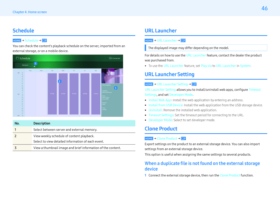 Samsung LH49PHFPBGC/NG, LH43PMFPBGC/EN, LH32PMFPBGC/EN, LH32PMFPBGC/NG Schedule, URL Launcher Setting, Clone Product 