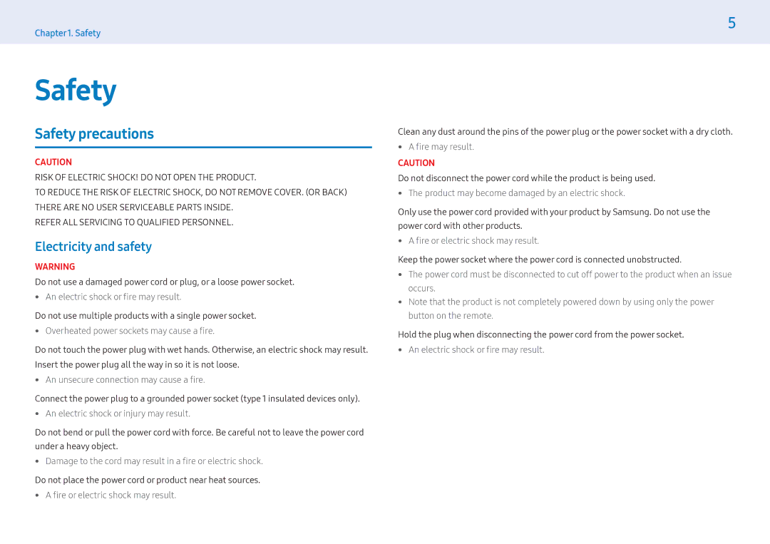 Samsung LH49PHFPMGC/NG, LH43PMFPBGC/EN, LH32PMFPBGC/EN, LH32PMFPBGC/NG manual Safety precautions, Electricity and safety 