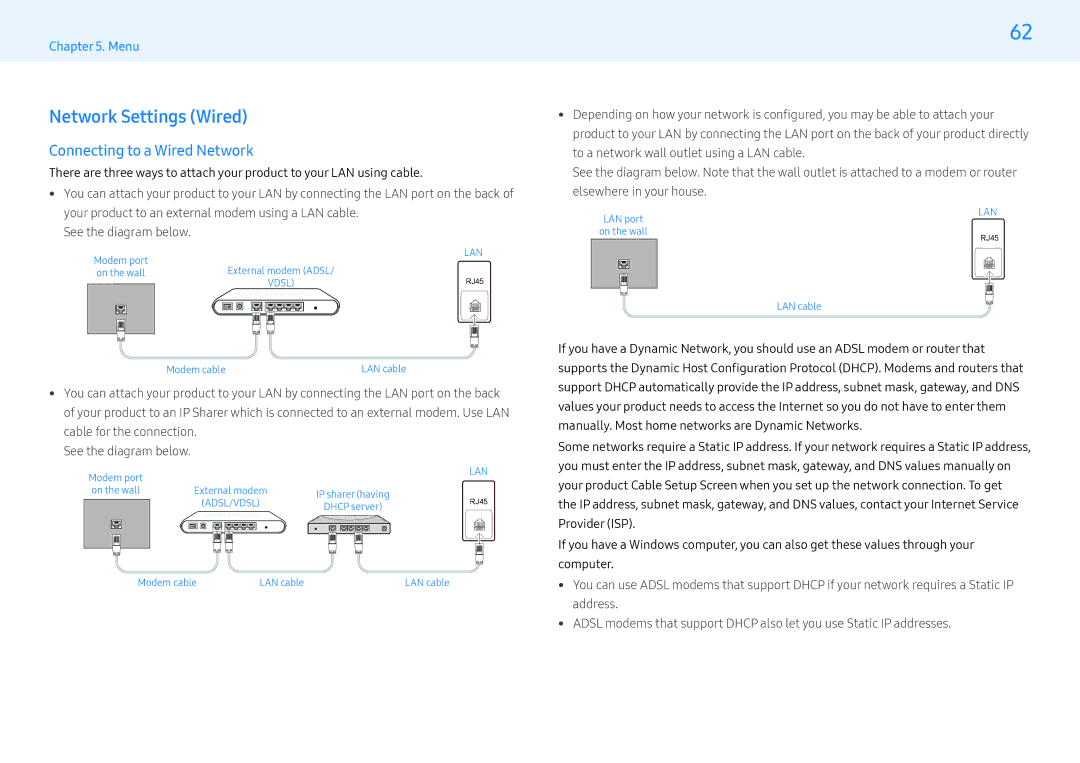 Samsung LH55PHFPBGC/CH, LH43PMFPBGC/EN, LH32PMFPBGC/EN, LH32PMFPBGC/NG Network Settings Wired, Connecting to a Wired Network 