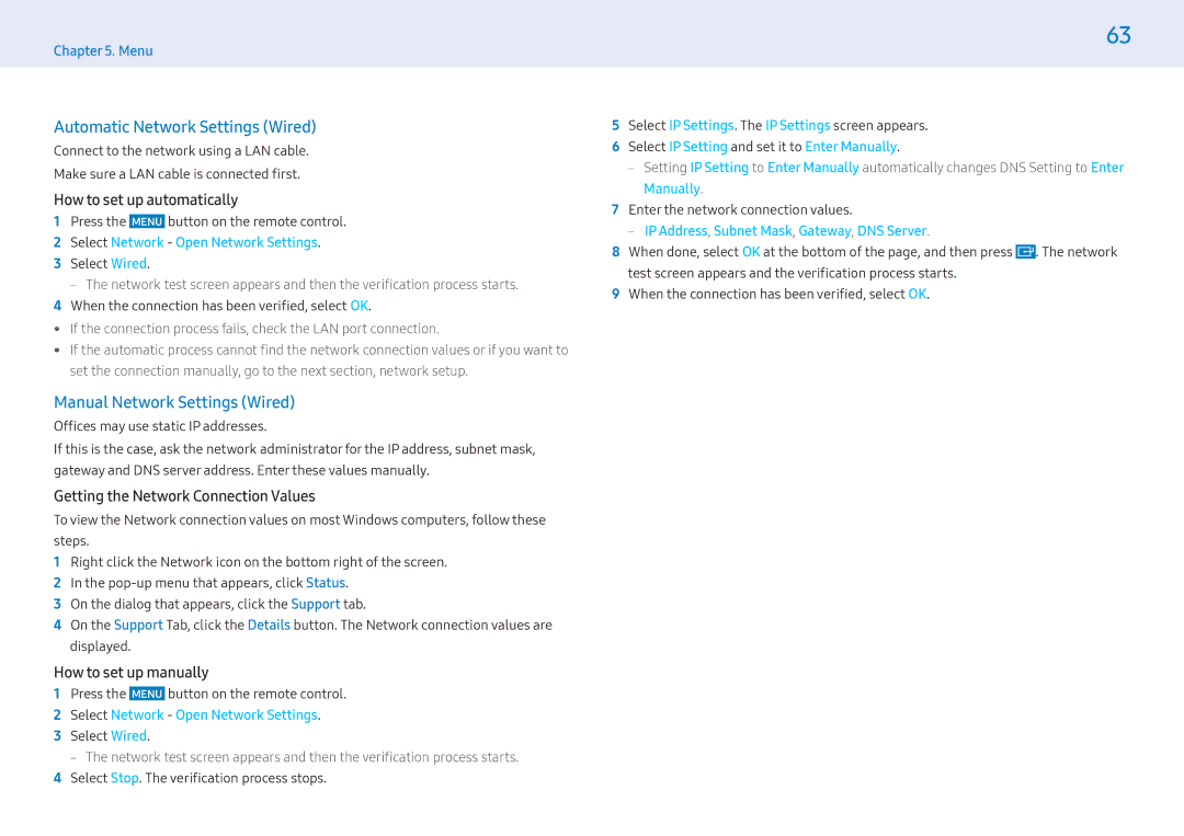 Samsung LH43PMFPBGC/EN manual Automatic Network Settings Wired, Manual Network Settings Wired, How to set up automatically 