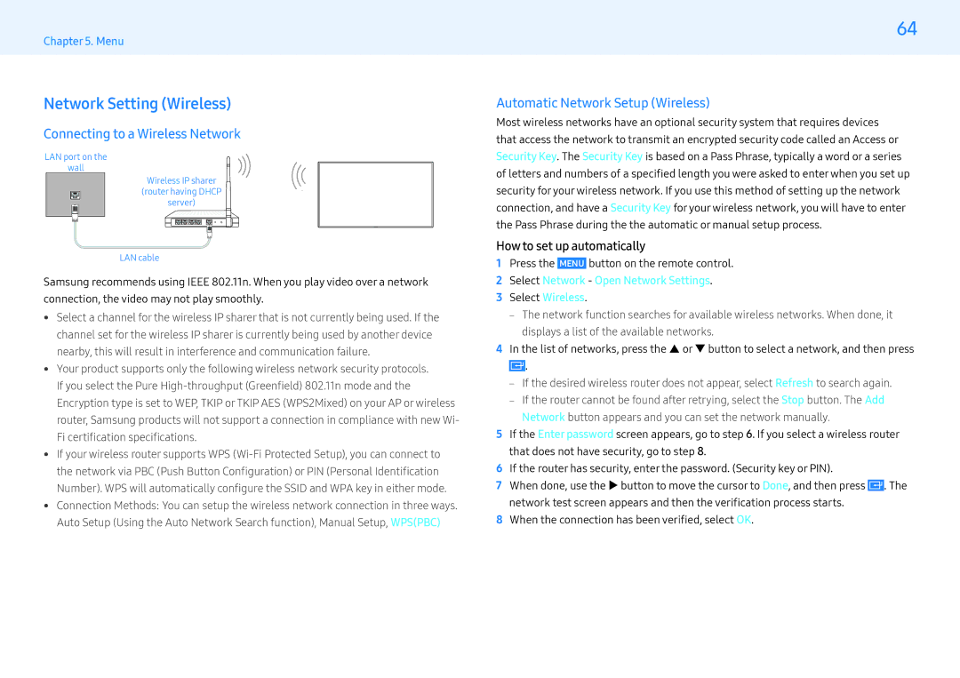 Samsung LH32PMFPBGC/EN manual Network Setting Wireless, Connecting to a Wireless Network, Automatic Network Setup Wireless 