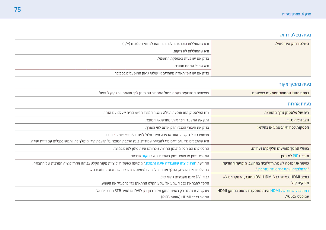 Samsung LH55PMFPBGC/CH, LH43PMFPBGC/EN manual קוחר טלשב היעב, רוקמ ןקתהב היעב, תורחא תויעב, הרזולוציה שהוגדרה אינה נתמכת 