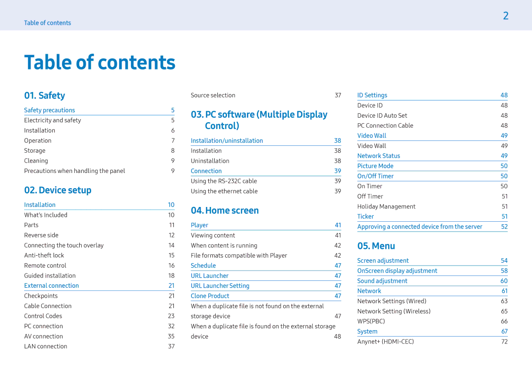 Samsung LH32PMFXTBC/EN, LH43PMFXTBC/EN, LH55PMFXTBC/EN manual Table of contents 