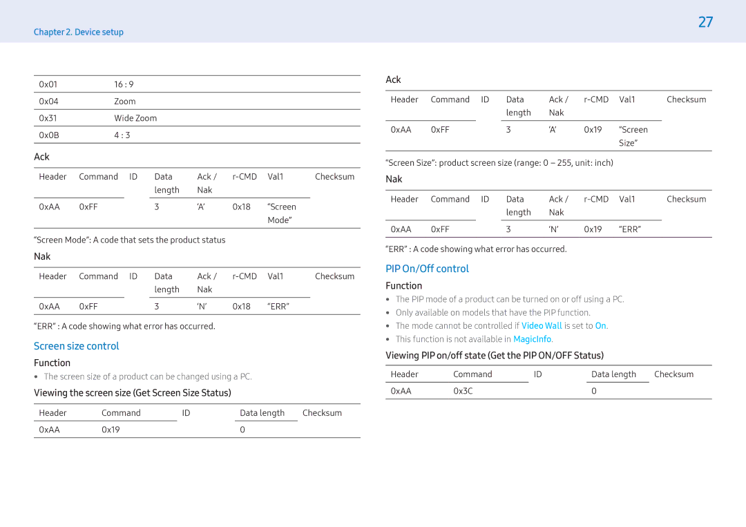 Samsung LH43PMFXTBC/EN manual Screen size control, PIP On/Off control, Viewing the screen size Get Screen Size Status 