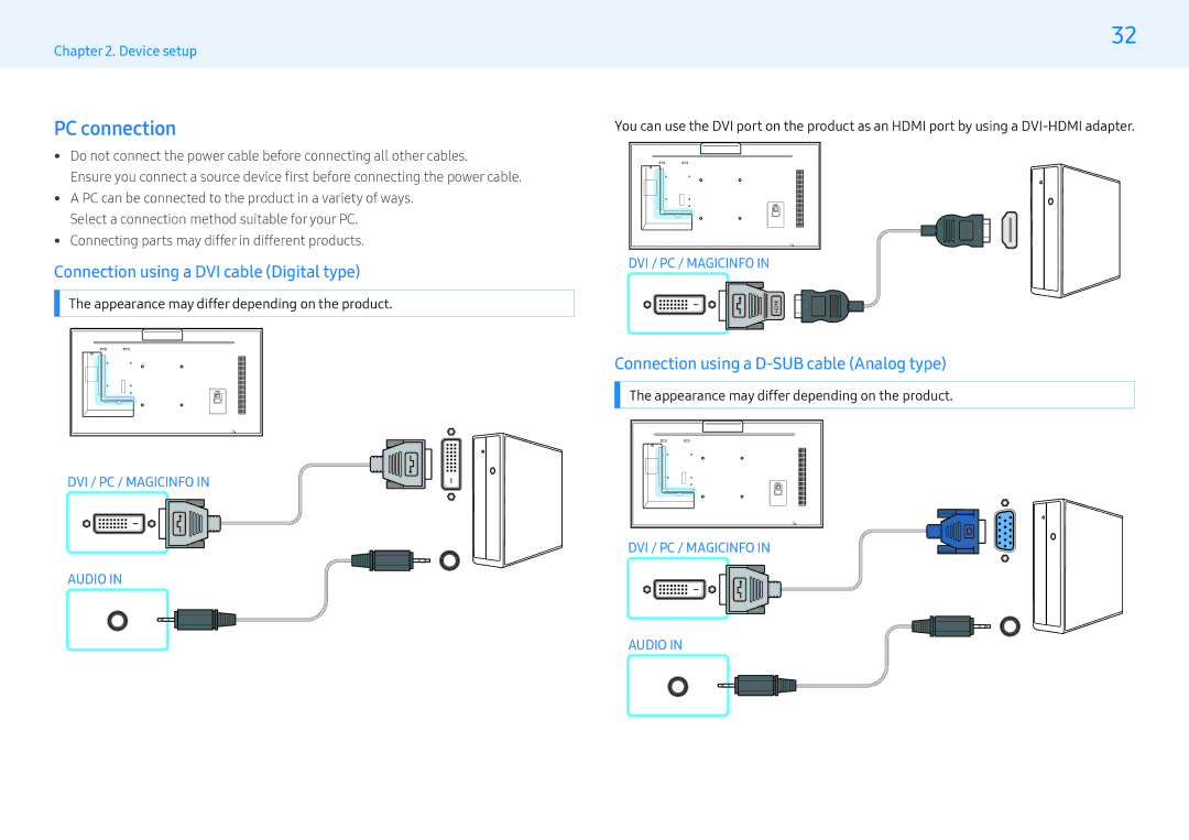 Samsung LH32PMFXTBC/EN, LH43PMFXTBC/EN, LH55PMFXTBC/EN manual PC connection, Connection using a DVI cable Digital type 