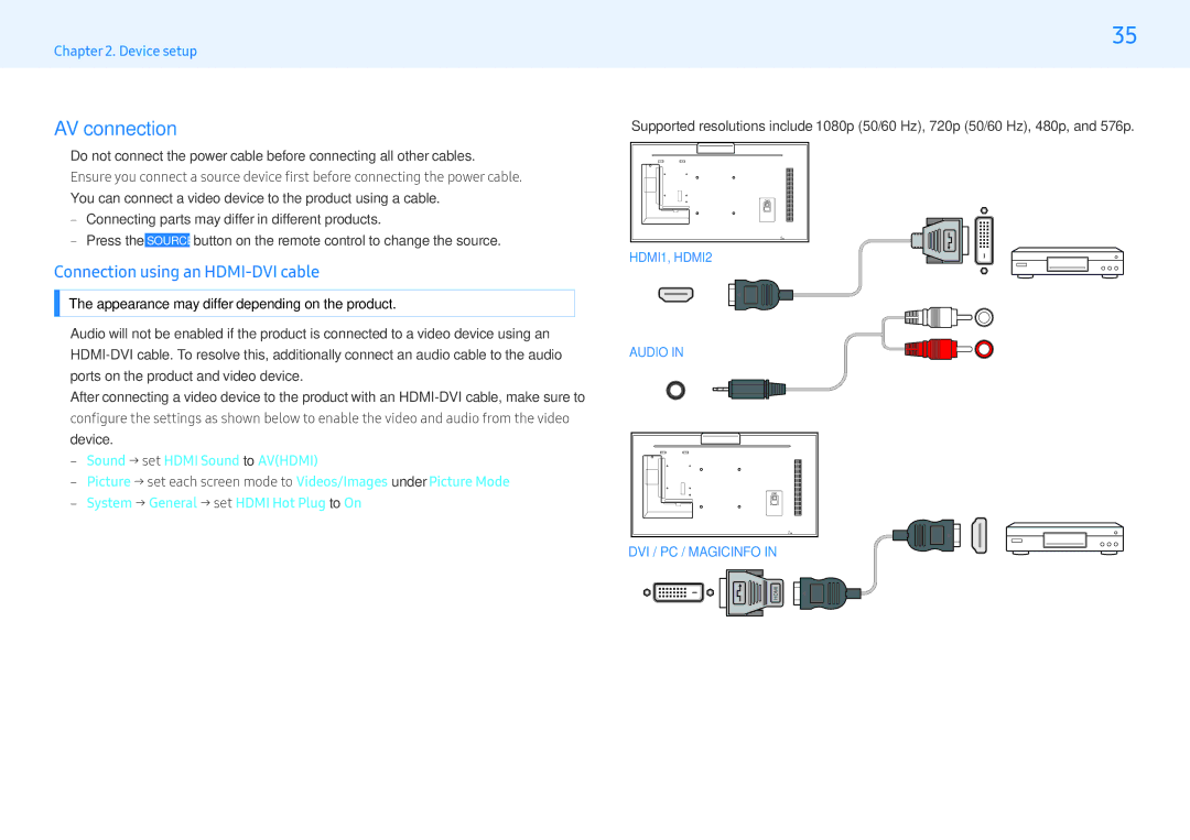 Samsung LH32PMFXTBC/EN, LH43PMFXTBC/EN, LH55PMFXTBC/EN manual AV connection, ‒‒ Sound → set Hdmi Sound to Avhdmi 