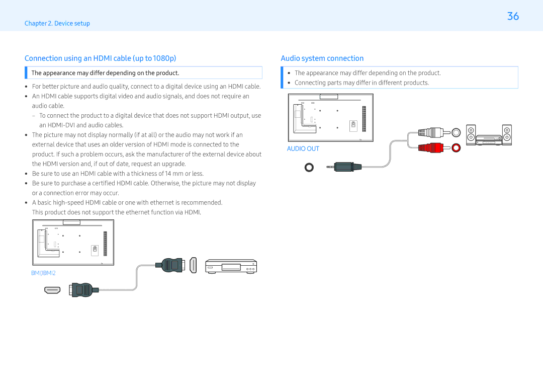 Samsung LH43PMFXTBC/EN, LH55PMFXTBC/EN, LH32PMFXTBC/EN Connection using an Hdmi cable up to 1080p, Audio system connection 