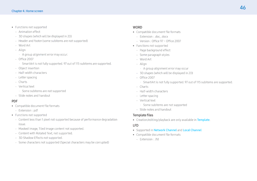 Samsung LH55PMFXTBC/EN, LH43PMFXTBC/EN, LH32PMFXTBC/EN manual Template files, Supported in Network Channel and Local Channel 