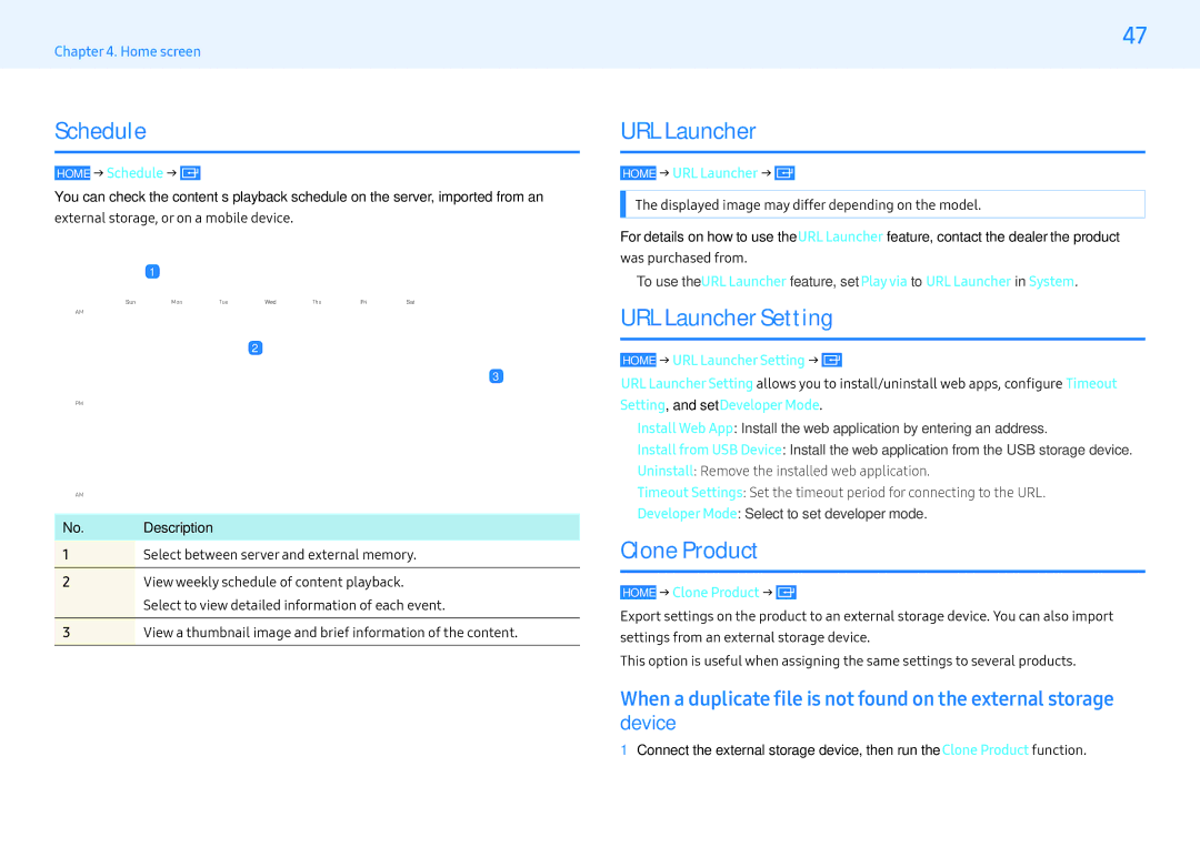 Samsung LH32PMFXTBC/EN, LH43PMFXTBC/EN, LH55PMFXTBC/EN manual Schedule, URL Launcher Setting, Clone Product 