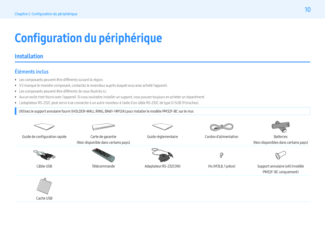 Samsung LH55PMFXTBC/EN, LH43PMFXTBC/EN, LH32PMFXTBC/EN manual Configuration du périphérique, Installation, Éléments inclus 