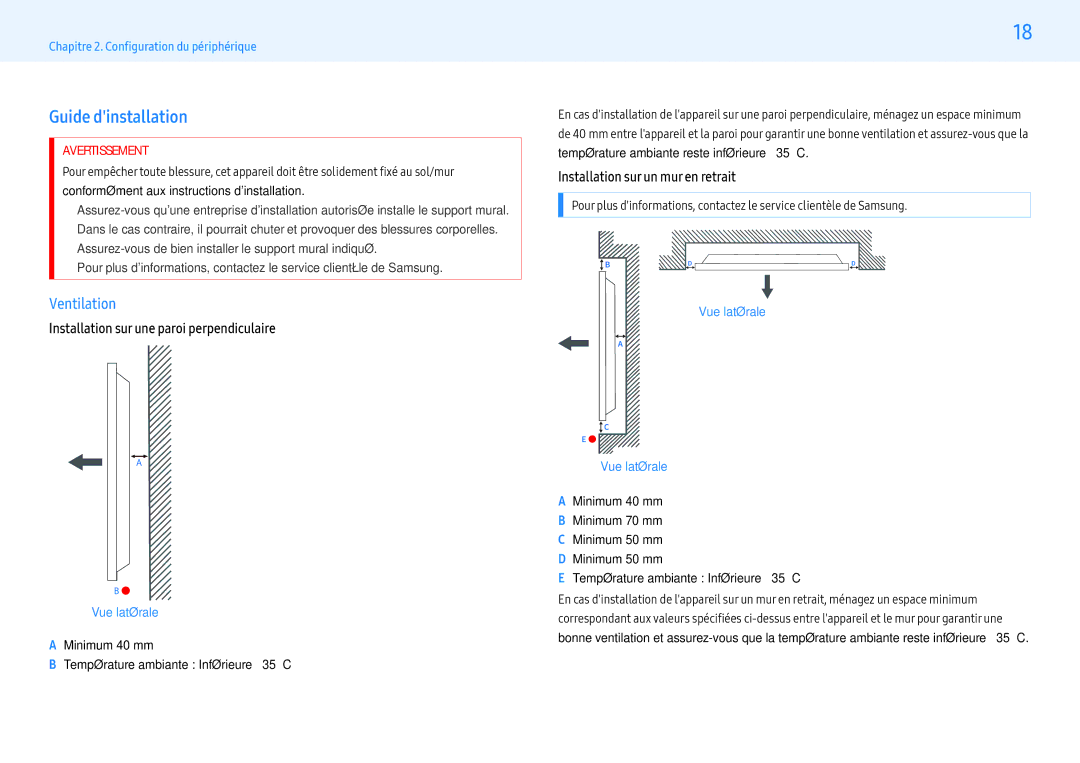 Samsung LH43PMFXTBC/EN, LH55PMFXTBC/EN manual Guide dinstallation, Ventilation, Installation sur une paroi perpendiculaire 