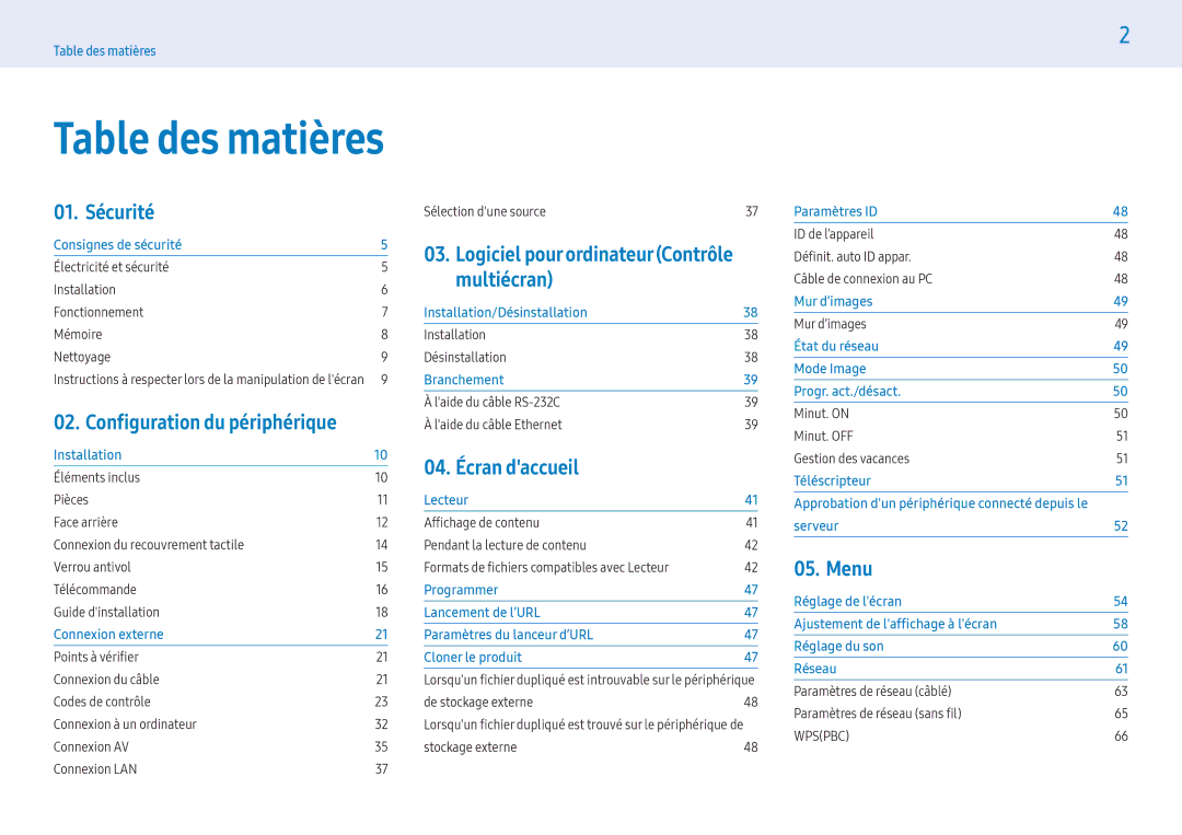 Samsung LH32PMFXTBC/EN, LH43PMFXTBC/EN, LH55PMFXTBC/EN manual Table des matières, 01. Sécurité 