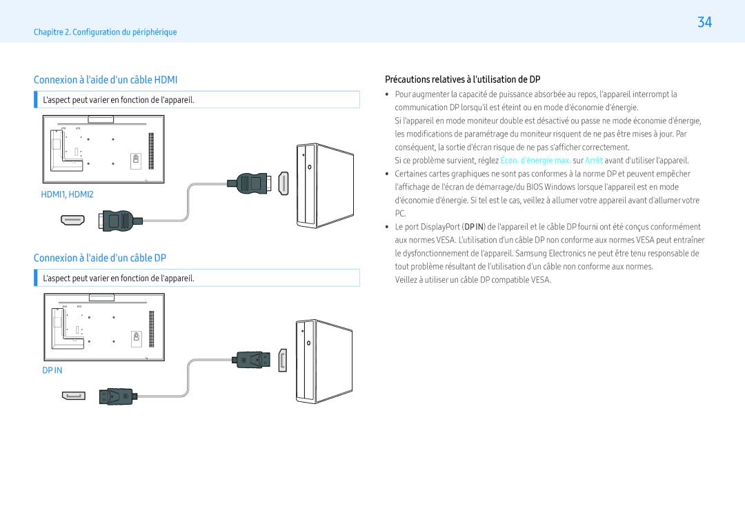 Samsung LH55PMFXTBC/EN, LH43PMFXTBC/EN, LH32PMFXTBC/EN Connexion à laide dun câble Hdmi, Connexion à laide dun câble DP 