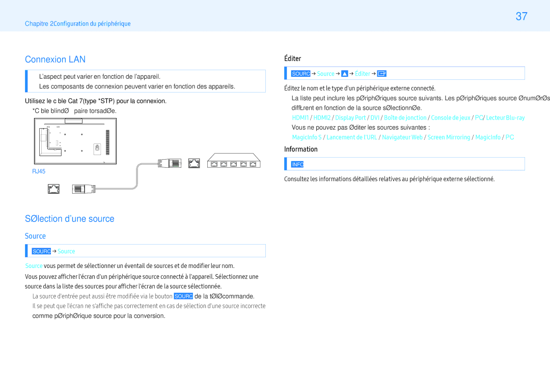 Samsung LH55PMFXTBC/EN, LH43PMFXTBC/EN, LH32PMFXTBC/EN Connexion LAN, Sélection dune source, Source, Éditer, Information 