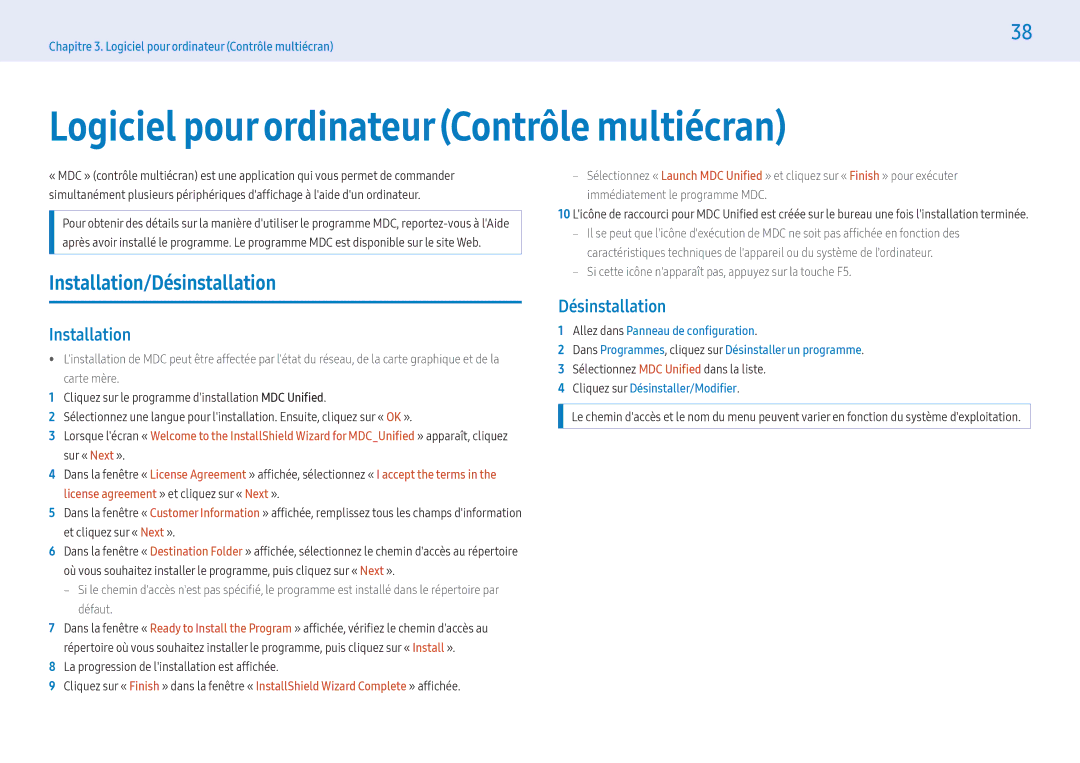 Samsung LH32PMFXTBC/EN, LH43PMFXTBC/EN manual Logiciel pour ordinateur Contrôle multiécran, Installation/Désinstallation 