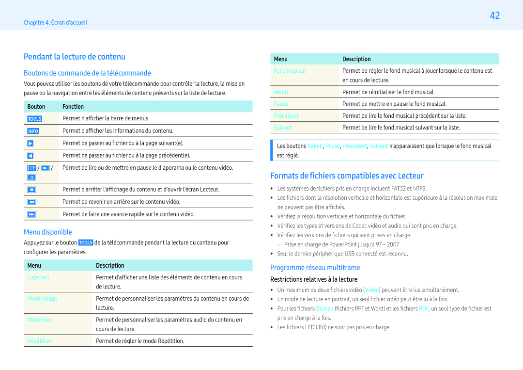 Samsung LH43PMFXTBC/EN manual Pendant la lecture de contenu, Formats de fichiers compatibles avec Lecteur, Menu disponible 