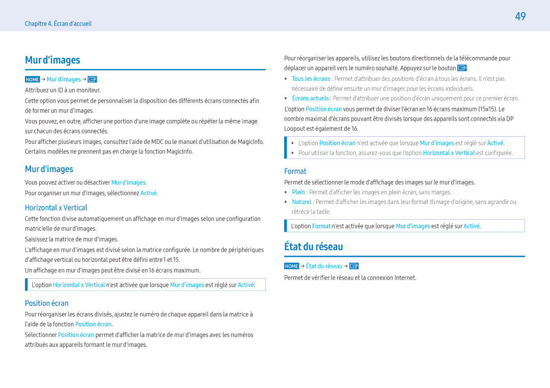 Samsung LH55PMFXTBC/EN, LH43PMFXTBC/EN, LH32PMFXTBC/EN manual Mur dimages, État du réseau 