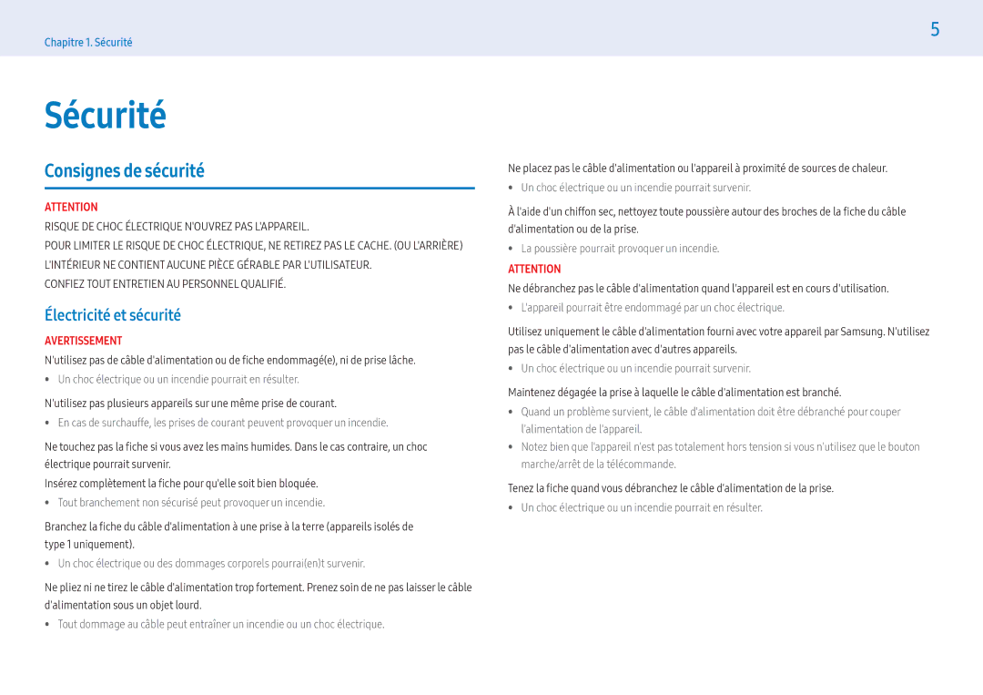 Samsung LH32PMFXTBC/EN, LH43PMFXTBC/EN, LH55PMFXTBC/EN manual Sécurité, Consignes de sécurité, Électricité et sécurité 