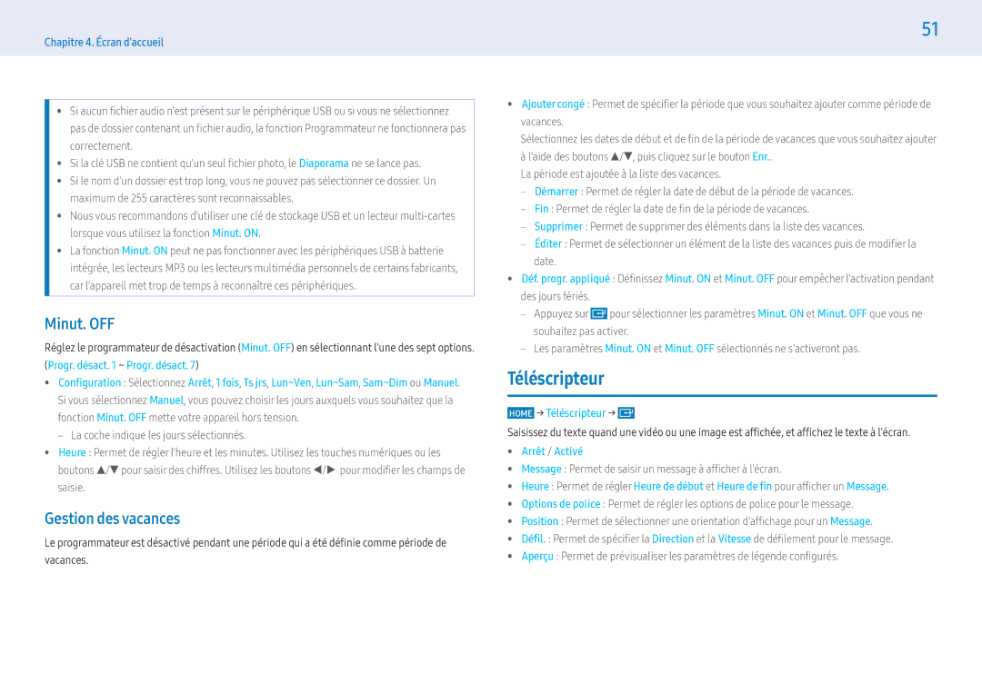 Samsung LH43PMFXTBC/EN, LH55PMFXTBC/EN manual Minut. OFF, Gestion des vacances, Home → Téléscripteur →,  Arrêt / Activé 