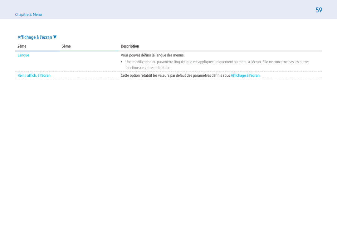 Samsung LH32PMFXTBC/EN, LH43PMFXTBC/EN manual Langue, Vous pouvez définir la langue des menus, Réini. affich. à l’écra 