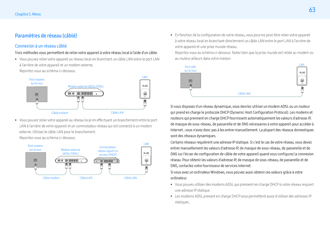 Samsung LH43PMFXTBC/EN, LH55PMFXTBC/EN, LH32PMFXTBC/EN manual Paramètres de réseau câblé, Connexion à un réseau câblé 