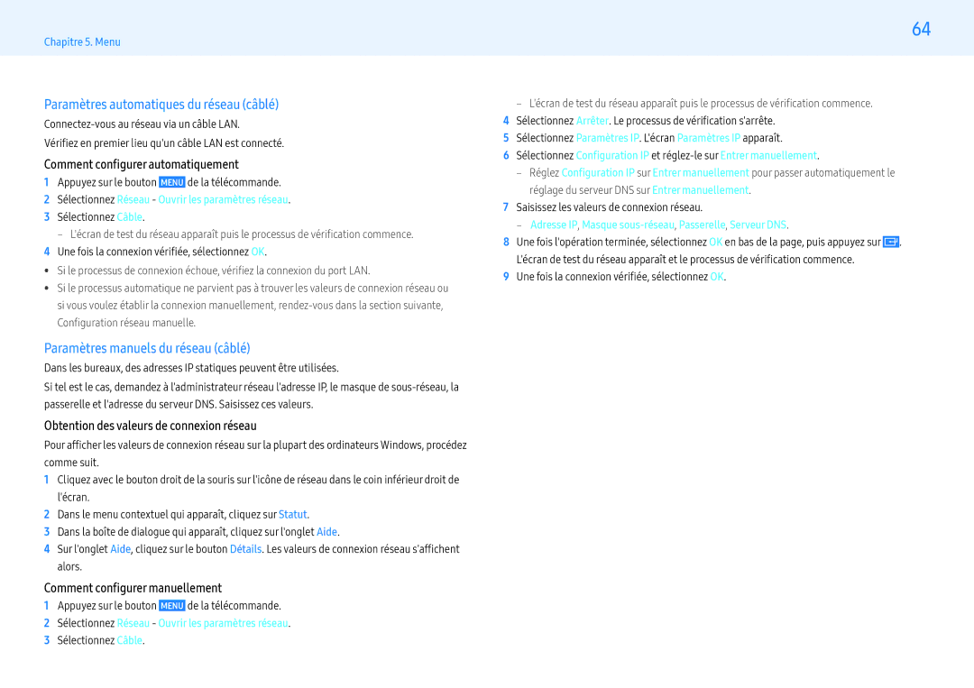 Samsung LH55PMFXTBC/EN, LH43PMFXTBC/EN manual Paramètres automatiques du réseau câblé, Paramètres manuels du réseau câblé 