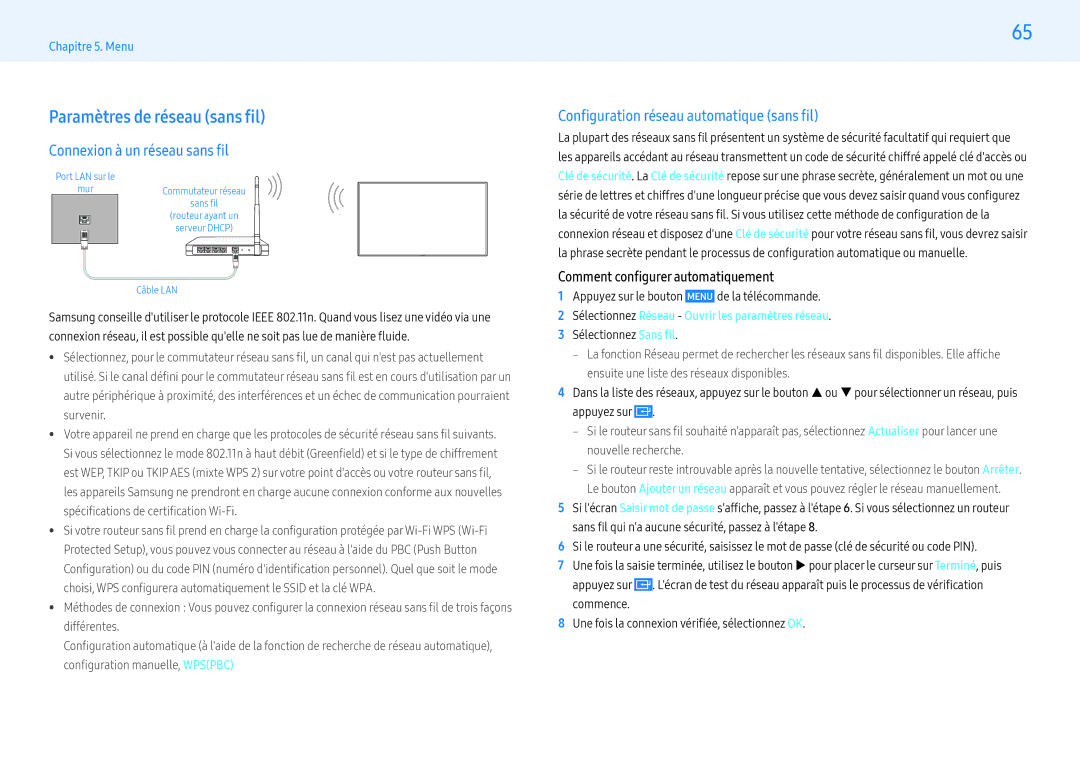 Samsung LH32PMFXTBC/EN, LH43PMFXTBC/EN, LH55PMFXTBC/EN manual Paramètres de réseau sans fil, Connexion à un réseau sans fi 