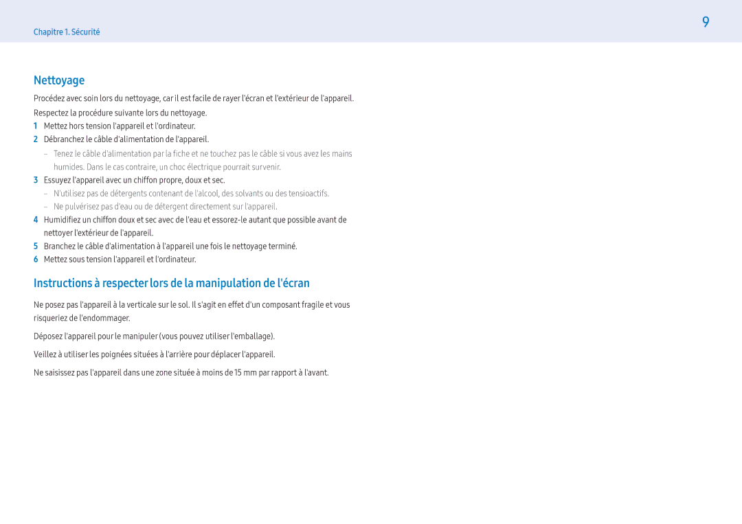 Samsung LH43PMFXTBC/EN, LH55PMFXTBC/EN manual Nettoyage, Instructions à respecter lors de la manipulation de lécran 