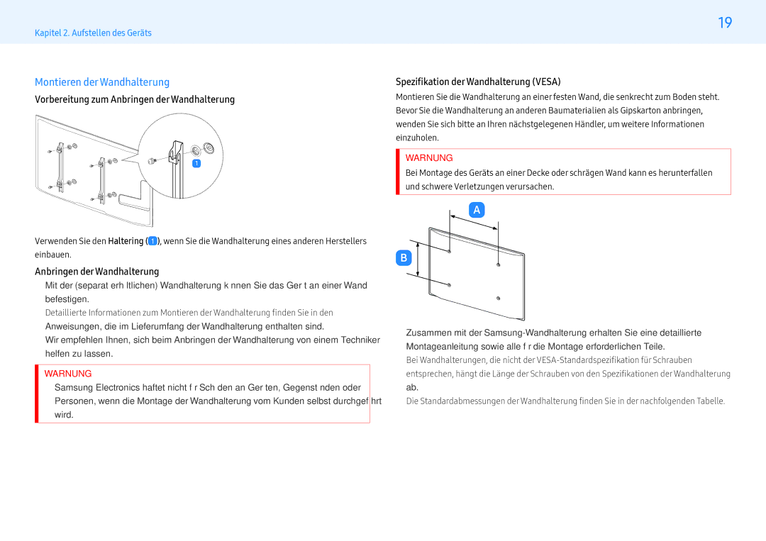 Samsung LH55PMFXTBC/EN, LH43PMFXTBC/EN manual Montieren derWandhalterung, Vorbereitung zum Anbringen der Wandhalterung 