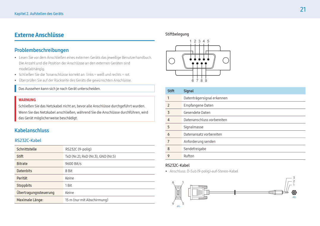 Samsung LH43PMFXTBC/EN, LH55PMFXTBC/EN manual Externe Anschlüsse, Problembeschreibungen, Stiftbelegung, RS232C-Kabel 