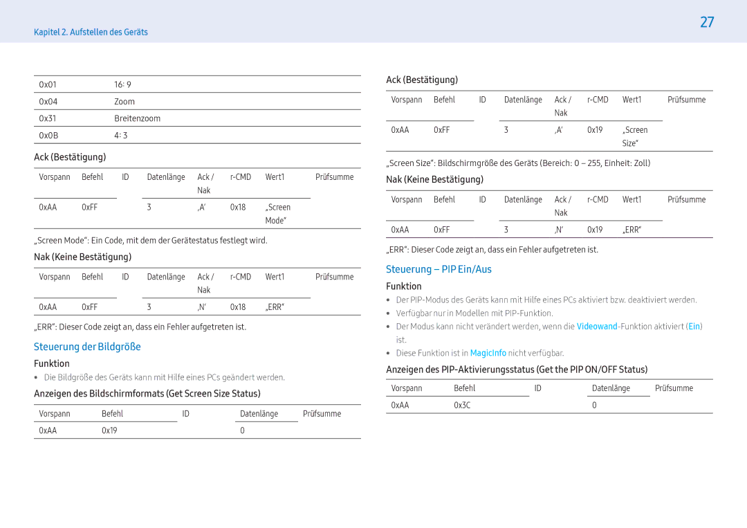 Samsung LH43PMFXTBC/EN, LH55PMFXTBC/EN, LH32PMFXTBC/EN manual Steuerung der Bildgröße, Steuerung PIP Ein/Aus 