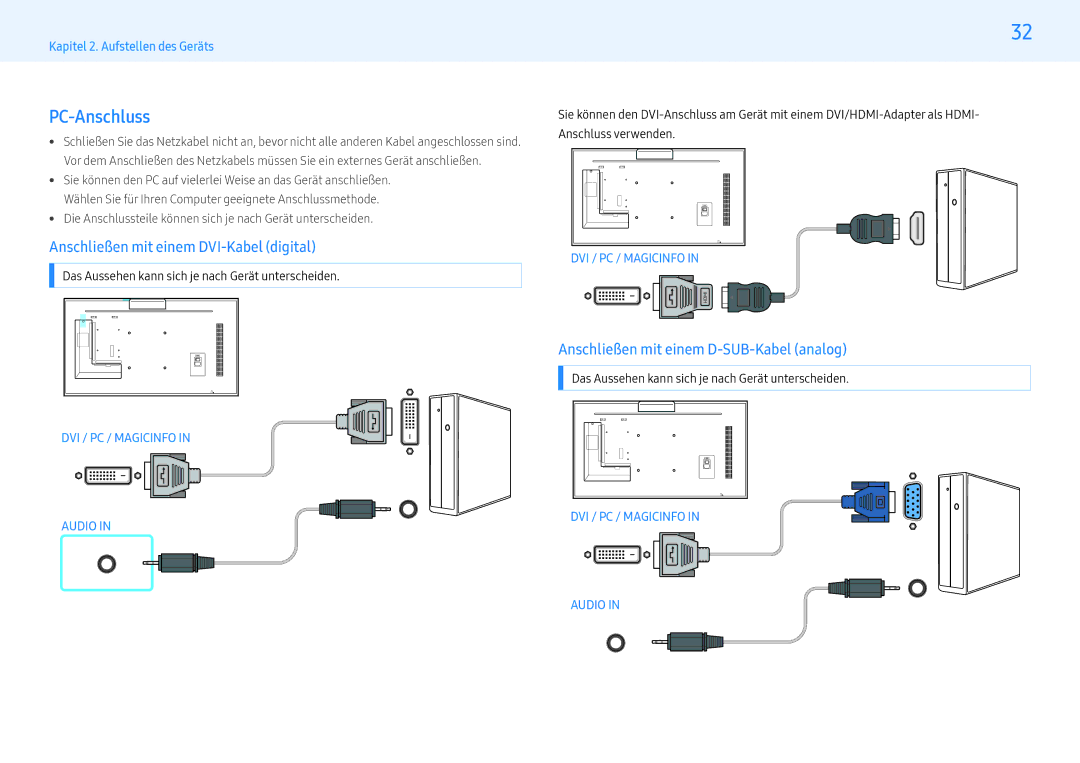 Samsung LH32PMFXTBC/EN PC-Anschluss, Anschließen mit einem DVI-Kabel digital, Anschließen mit einem D-SUB-Kabel analog 