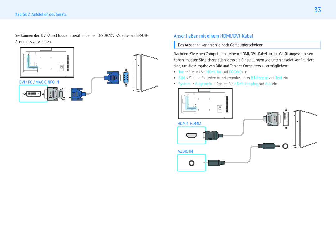 Samsung LH43PMFXTBC/EN Anschließen mit einem HDMI/DVI-Kabel,  System → Allgemein → Stellen Sie HDMI-Hotplug auf Aus ein 