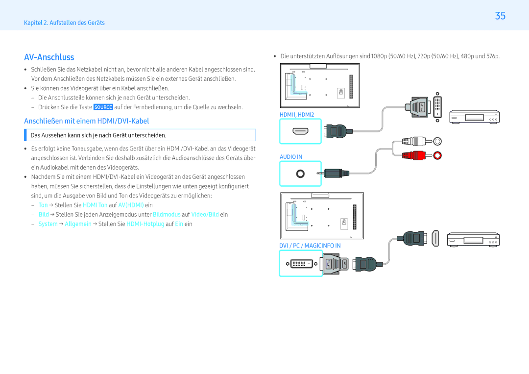 Samsung LH32PMFXTBC/EN, LH43PMFXTBC/EN manual AV-Anschluss, ‒‒ System → Allgemein → Stellen Sie HDMI-Hotplug auf Ein ein 