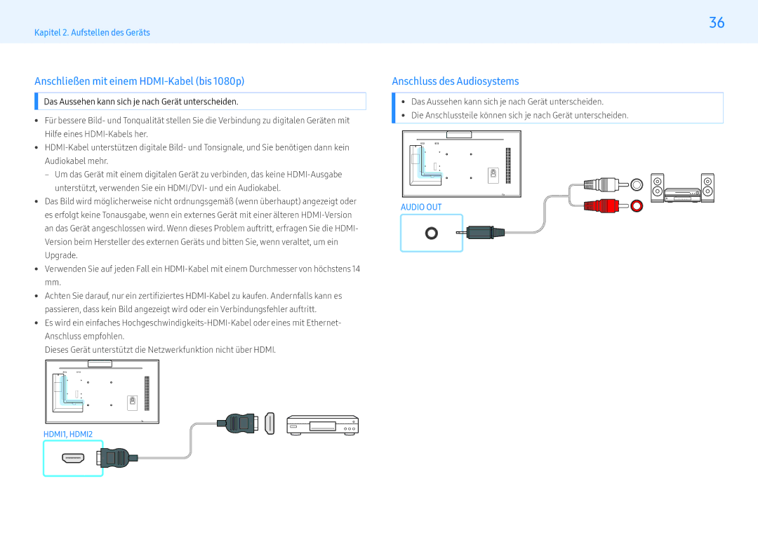 Samsung LH43PMFXTBC/EN, LH55PMFXTBC/EN manual Anschließen mit einem HDMI-Kabel bis 1080p, Anschluss des Audiosystems 