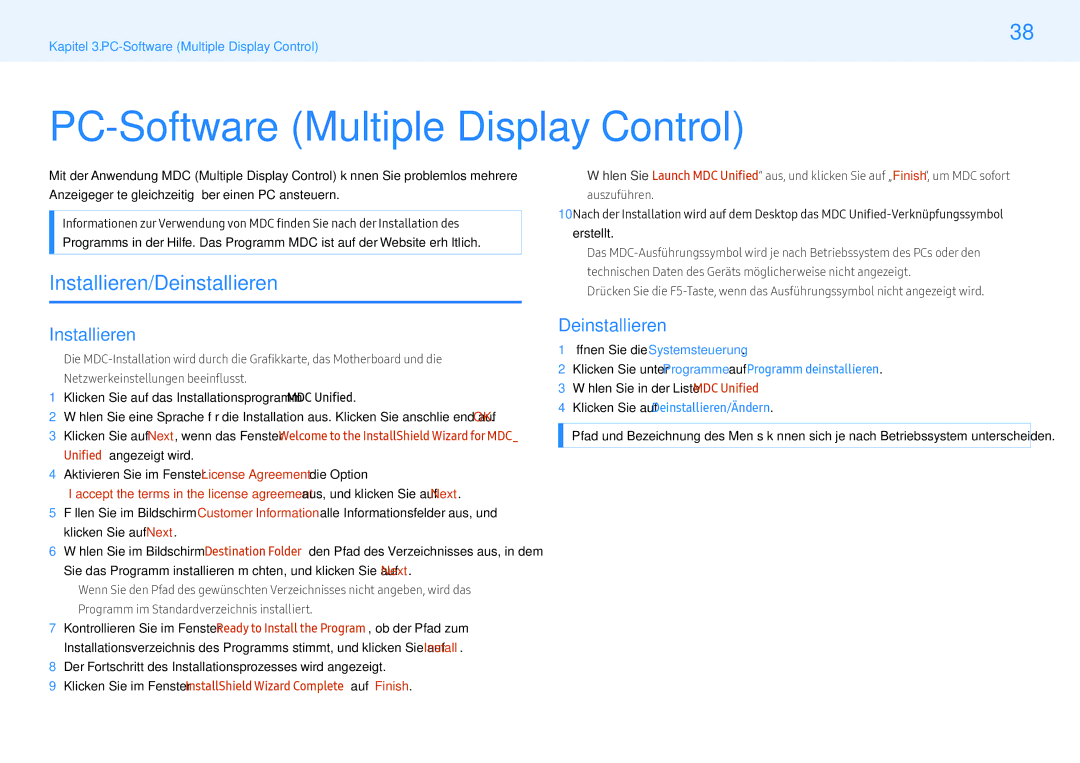 Samsung LH32PMFXTBC/EN, LH43PMFXTBC/EN, LH55PMFXTBC/EN PC-Software Multiple Display Control, Installieren/Deinstallieren 