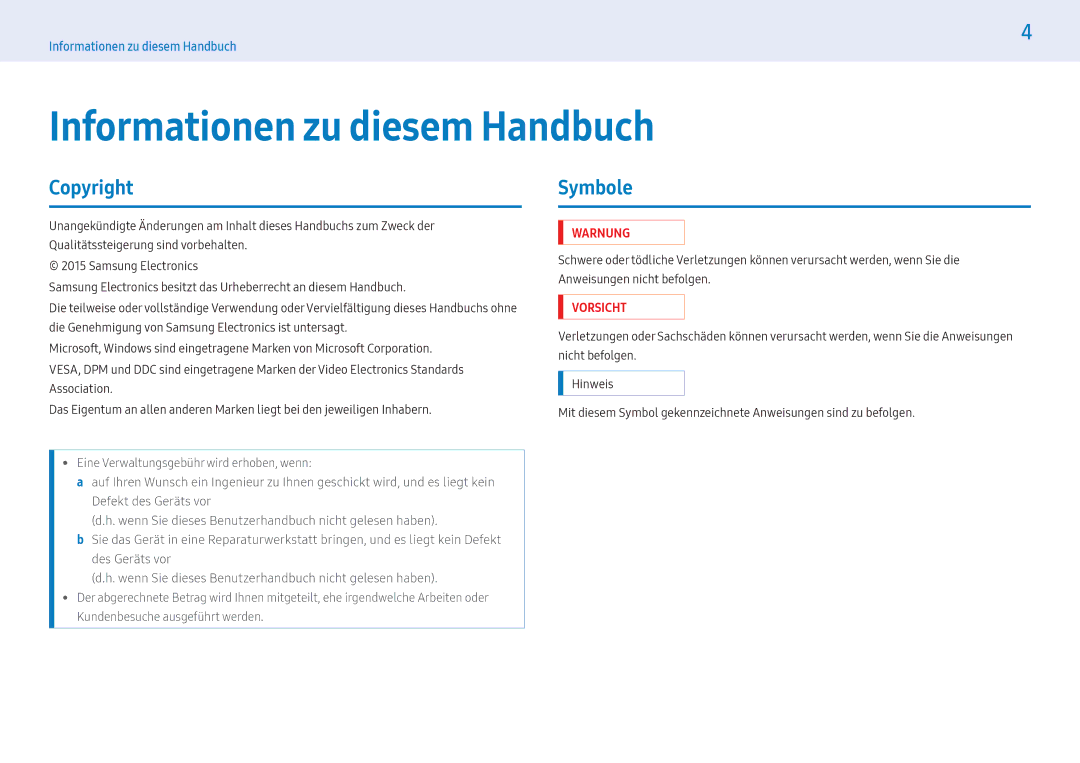 Samsung LH55PMFXTBC/EN, LH43PMFXTBC/EN, LH32PMFXTBC/EN manual Informationen zu diesem Handbuch, Copyright, Symbole 