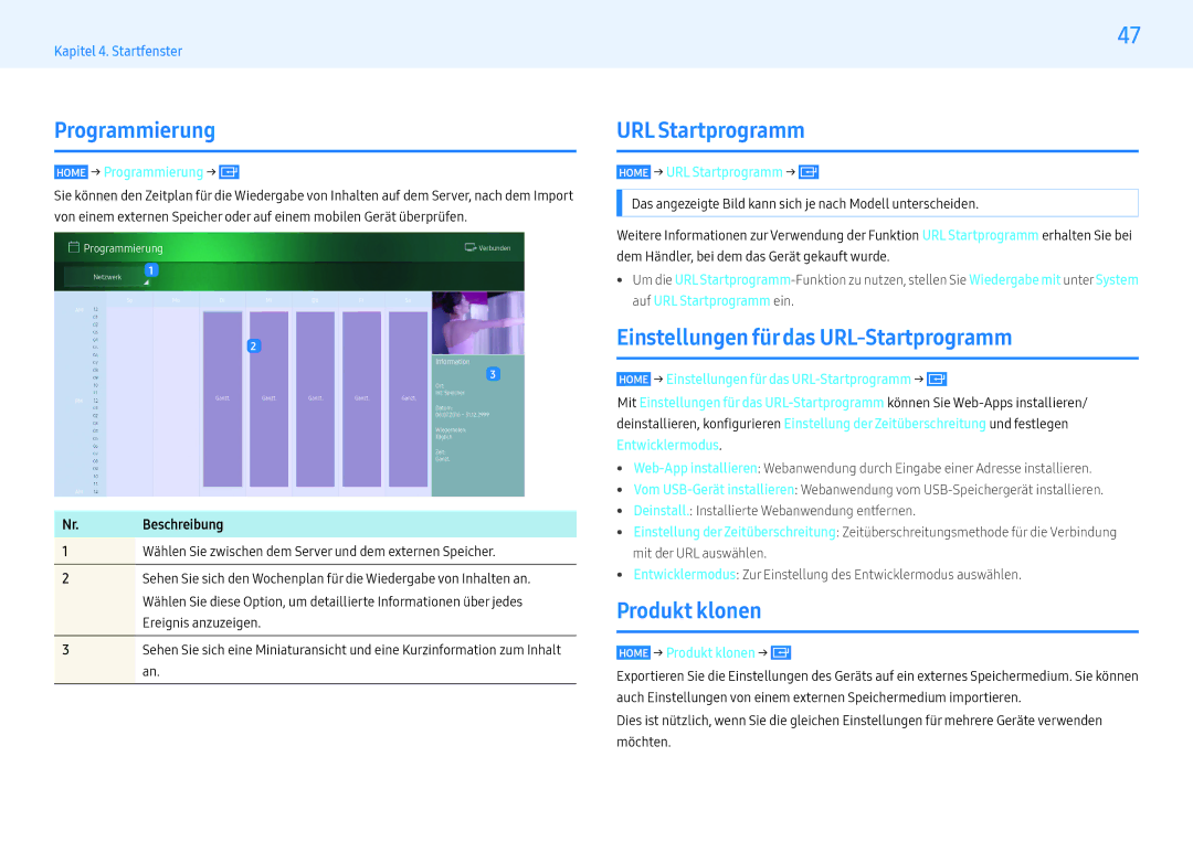 Samsung LH32PMFXTBC/EN manual Programmierung, URL Startprogramm, Einstellungen für das URL-Startprogramm, Produkt klonen 