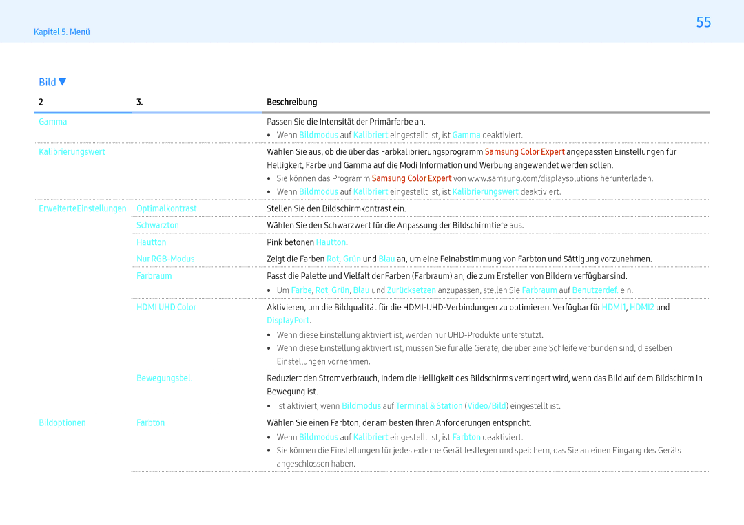 Samsung LH55PMFXTBC/EN Beschreibung, Gamma Passen Sie die Intensität der Primärfarbe an, Kalibrierungswert, Bewegungsbel 