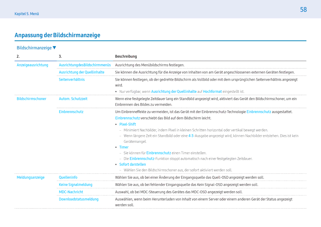 Samsung LH55PMFXTBC/EN, LH43PMFXTBC/EN, LH32PMFXTBC/EN manual Anpassung der Bildschirmanzeige 